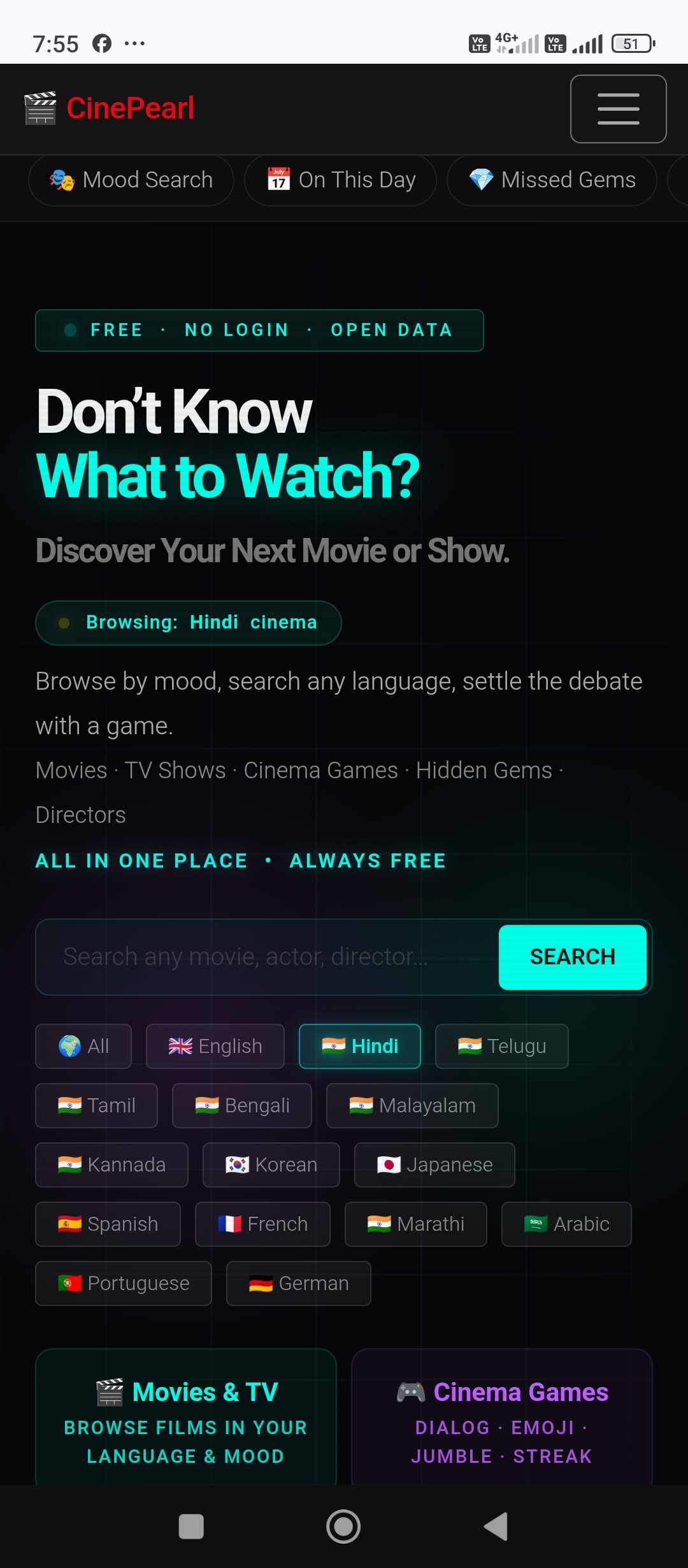 CinePearl — Free Movie Editorials, Mood Search & Games screenshot